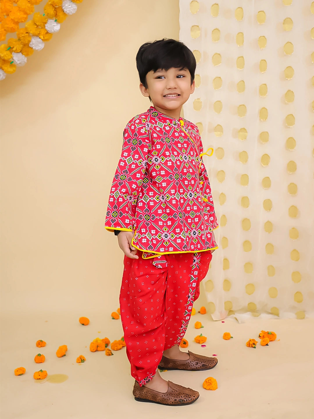 BownBee Pure Cotton Printed Angrakha Kurta Dhoti For Boys