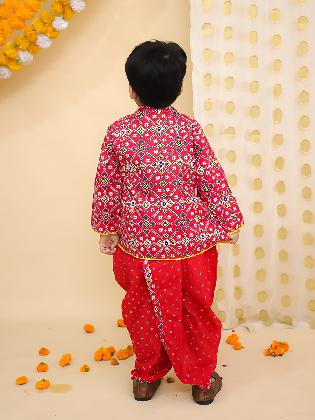 BownBee Pure Cotton Printed Angrakha Kurta Dhoti For Boys - Blue
