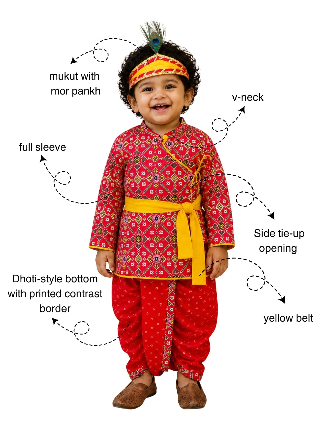 BownBee Pure Cotton Printed Angrakha Kurta & Dhoti With Bansuri , Mukut & Belt Set For Boys