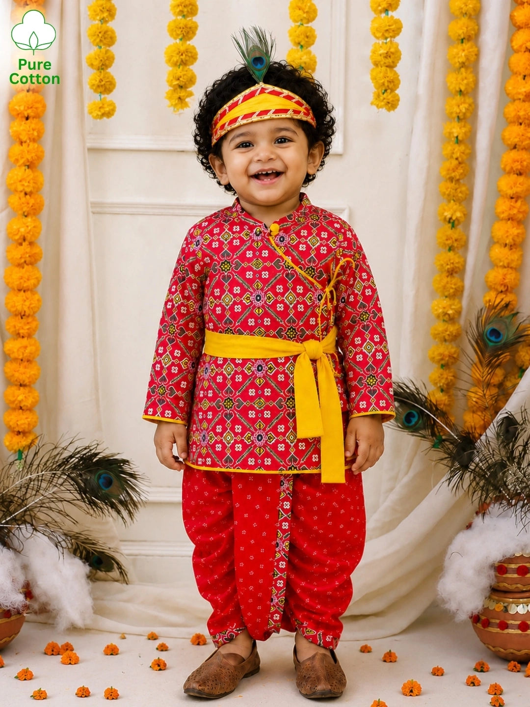 BownBee Pure Cotton Printed Angrakha Kurta & Dhoti With Bansuri , Mukut & Belt Set For Boys