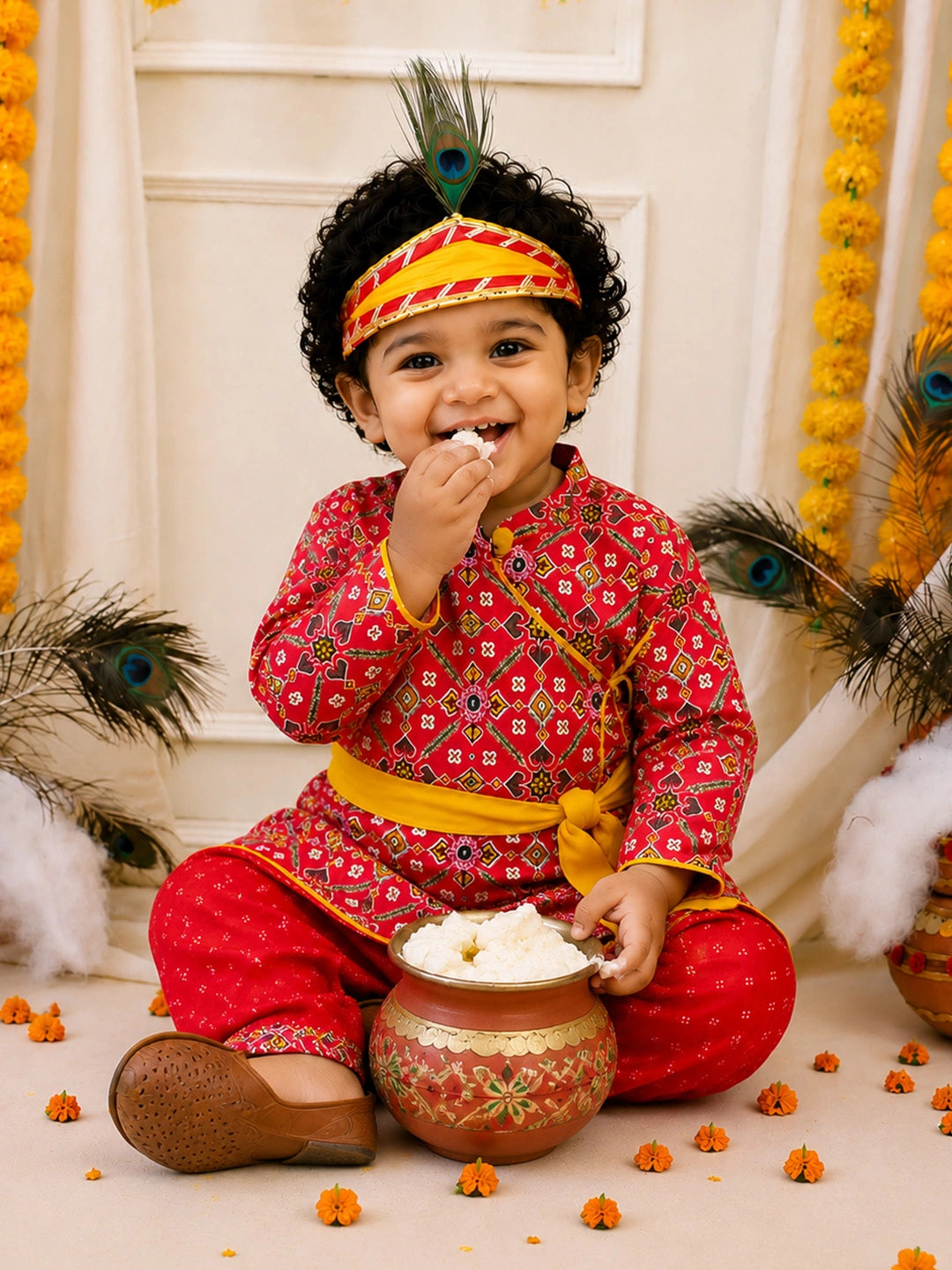 BownBee Pure Cotton Printed Angrakha Kurta & Dhoti With Bansuri , Mukut & Belt Set For Boys