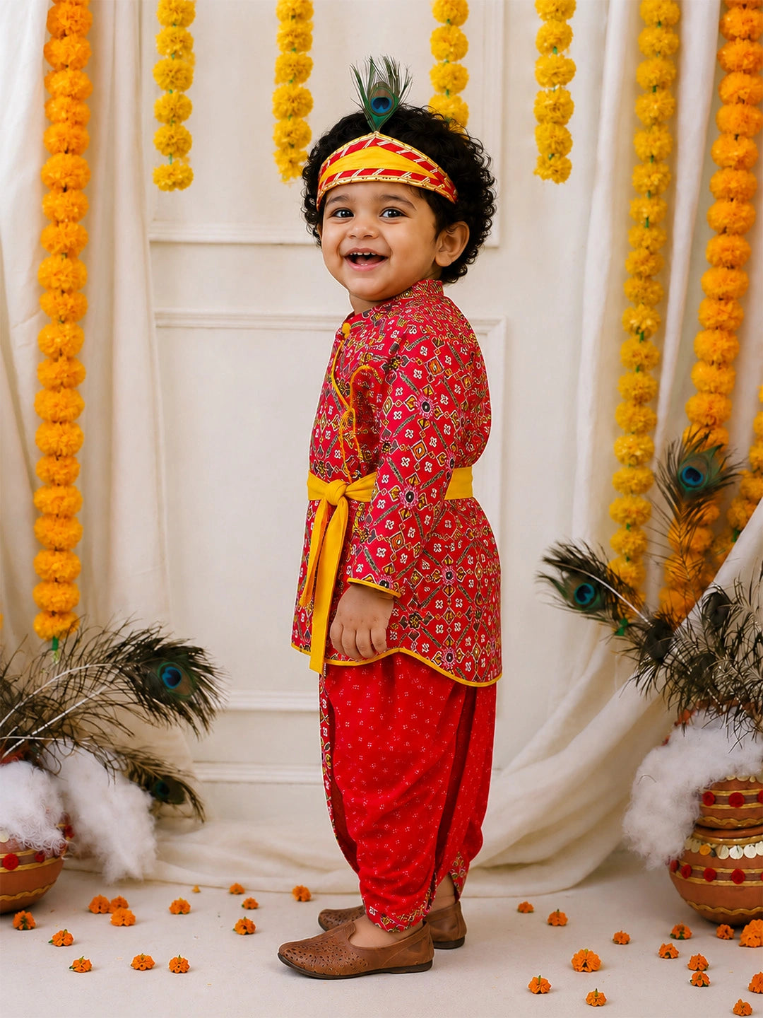 BownBee Pure Cotton Printed Angrakha Kurta & Dhoti With Bansuri , Mukut & Belt Set For Boys