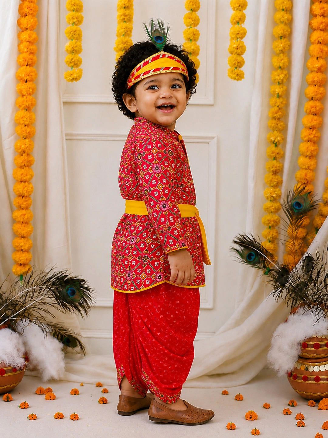 BownBee Pure Cotton Printed Angrakha Kurta & Dhoti With Bansuri , Mukut & Belt Set For Boys