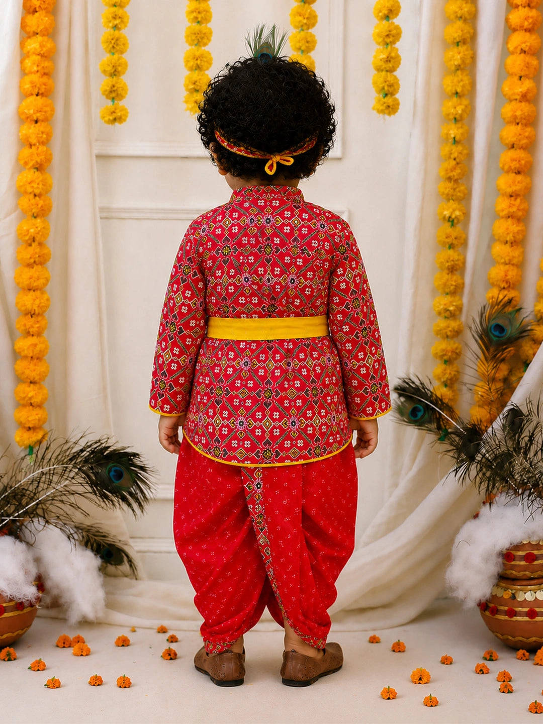 BownBee Pure Cotton Printed Angrakha Kurta & Dhoti With Bansuri , Mukut & Belt Set For Boys