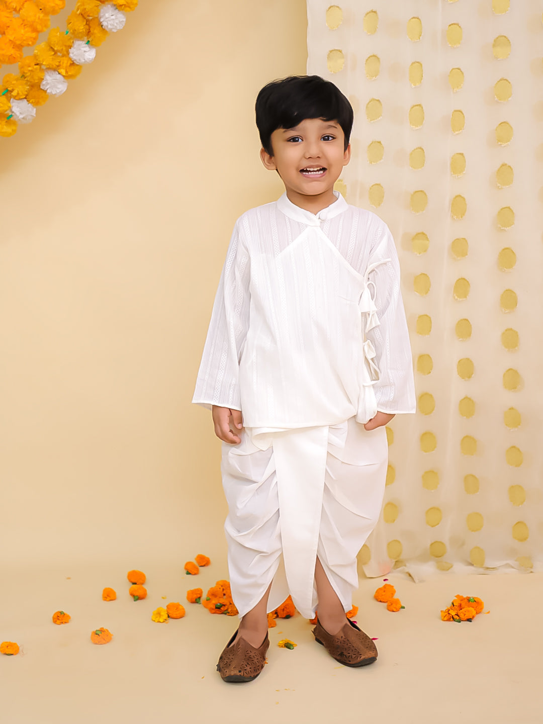 BownBee Pure Cotton Printed Angrakha Kurta Dhoti For Boys - Blue