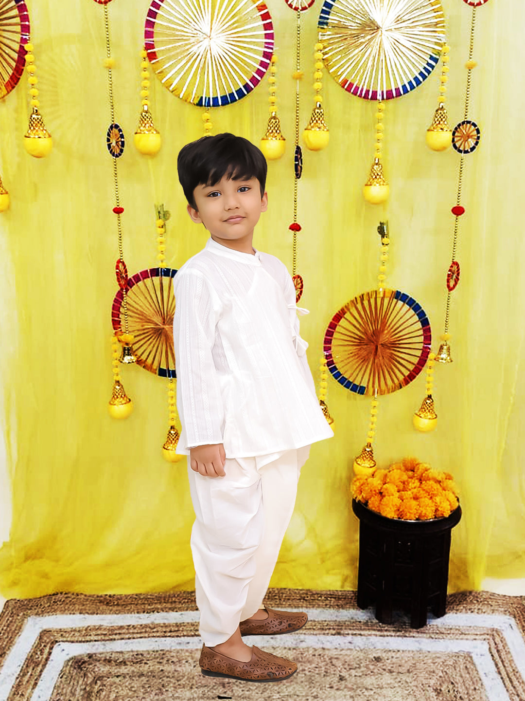 BownBee Pure Cotton Printed Angrakha Kurta Dhoti For Boys - Blue