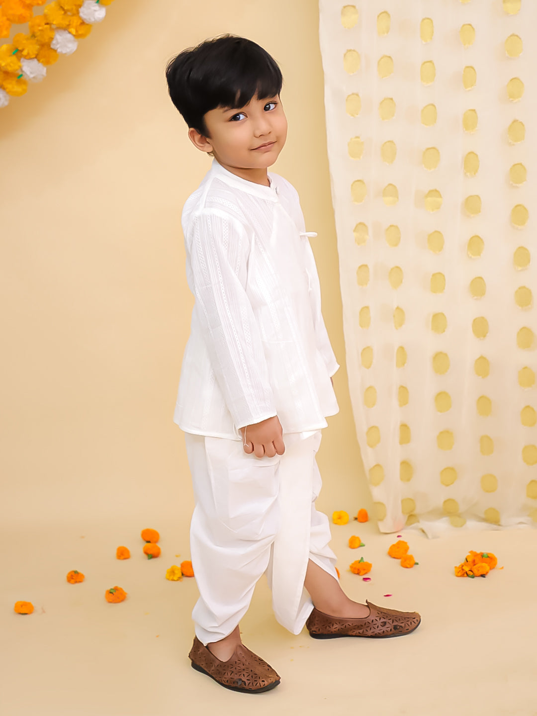 BownBee Pure Cotton Printed Angrakha Kurta Dhoti For Boys - Blue