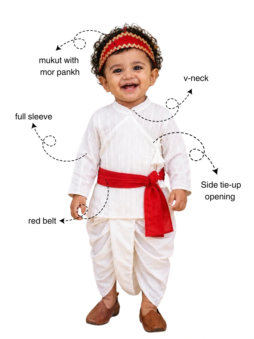 BownBee Pure Cotton Printed Angrakha Kurta & Dhoti With Bansuri , Mukut & Belt Set For Boys - White