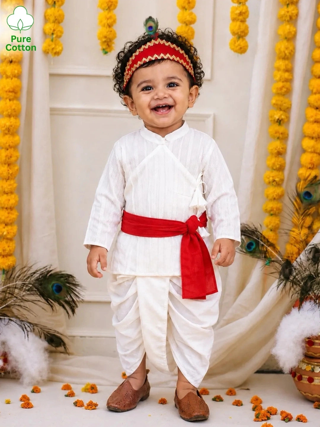 BownBee Pure Cotton Printed Angrakha Kurta & Dhoti With Bansuri , Mukut & Belt Set For Boys - White