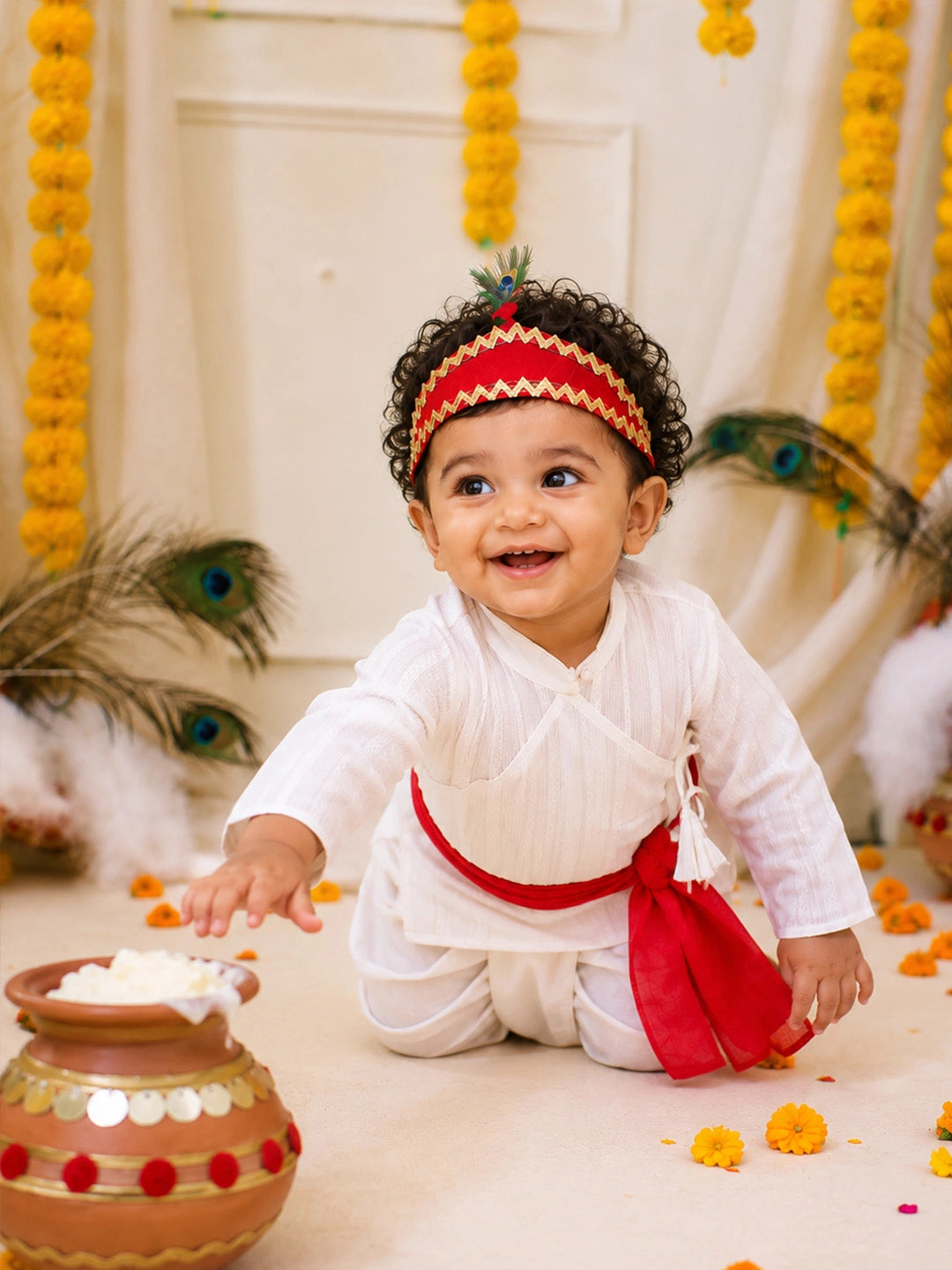 BownBee Pure Cotton Printed Angrakha Kurta & Dhoti With Bansuri , Mukut & Belt Set For Boys - White