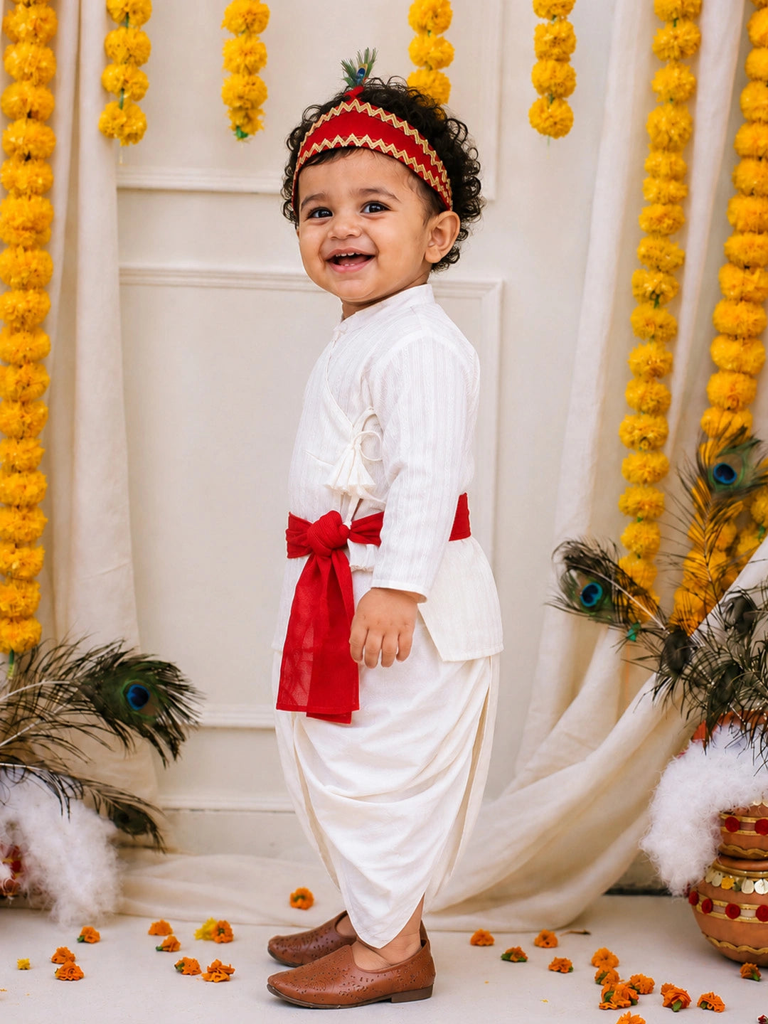 BownBee Pure Cotton Printed Angrakha Kurta & Dhoti With Bansuri , Mukut & Belt Set For Boys - White