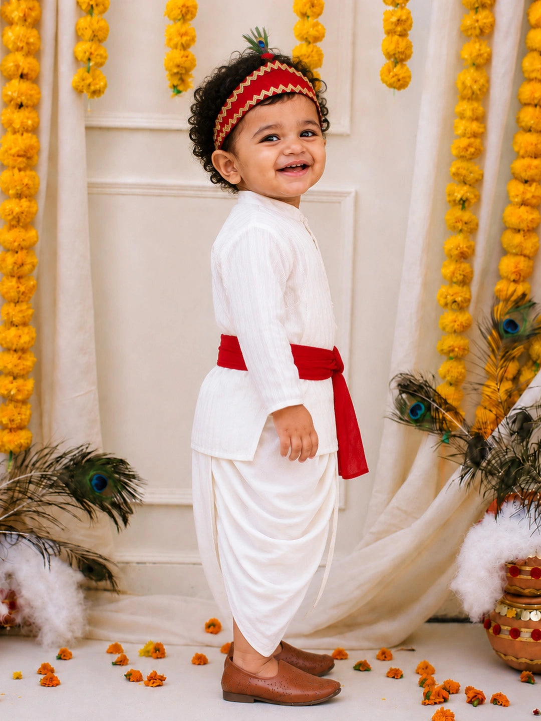 BownBee Pure Cotton Printed Angrakha Kurta & Dhoti With Bansuri , Mukut & Belt Set For Boys - White