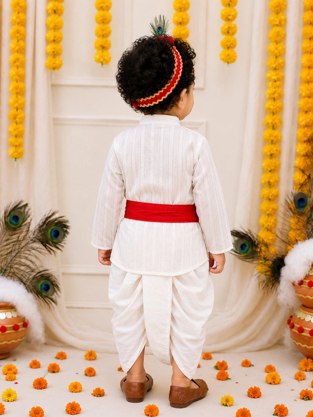 BownBee Pure Cotton Printed Angrakha Kurta & Dhoti With Bansuri , Mukut & Belt Set For Boys - White