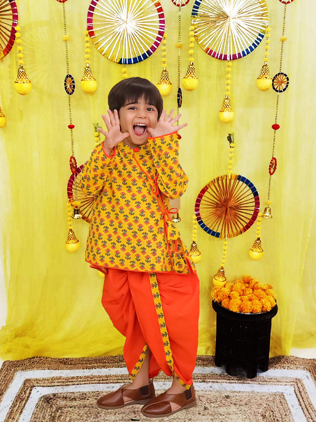 BownBee Pure Cotton Printed Angrakha Kurta Dhoti For Boys - Blue