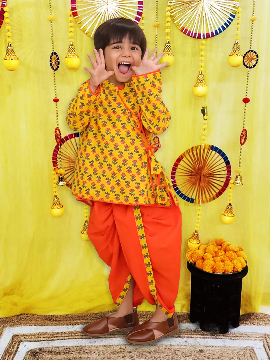BownBee Pure Cotton Printed Angrakha Kurta Dhoti For Boys