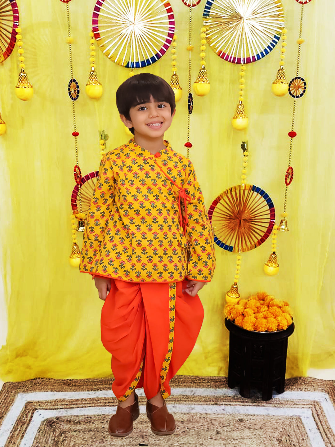 BownBee Pure Cotton Bandhni Kurti Dhoti & Dhoti Kurta Sibling Set - Yellow