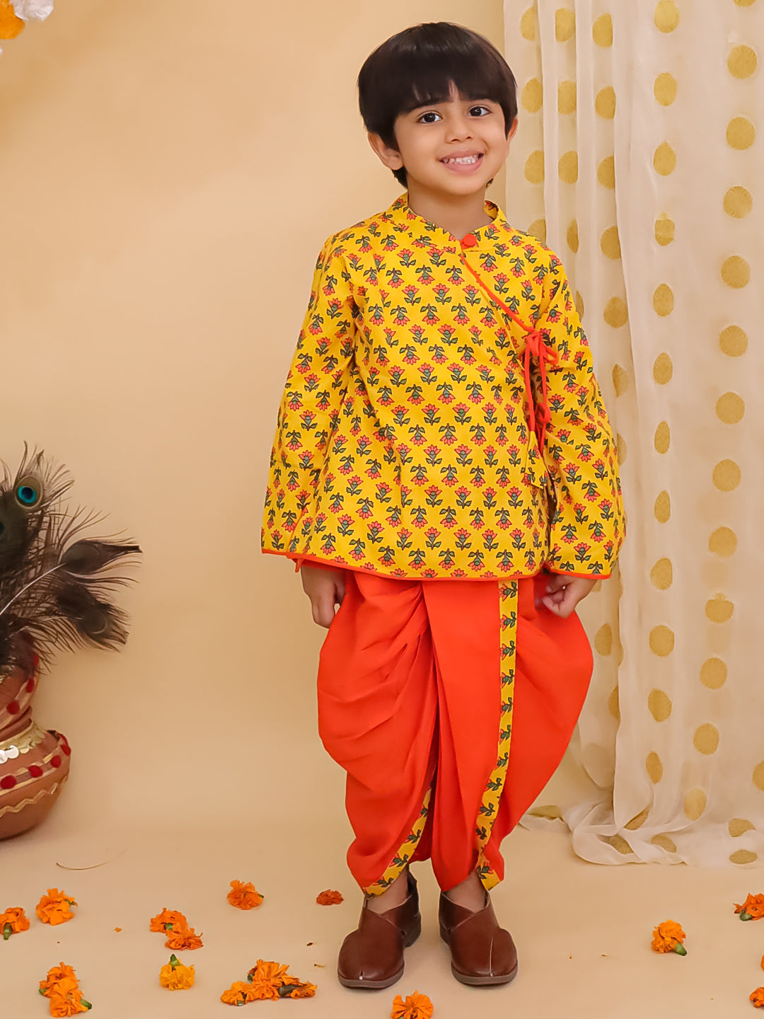 BownBee Pure Cotton Bandhni Kurti Dhoti & Dhoti Kurta Sibling Set - Yellow