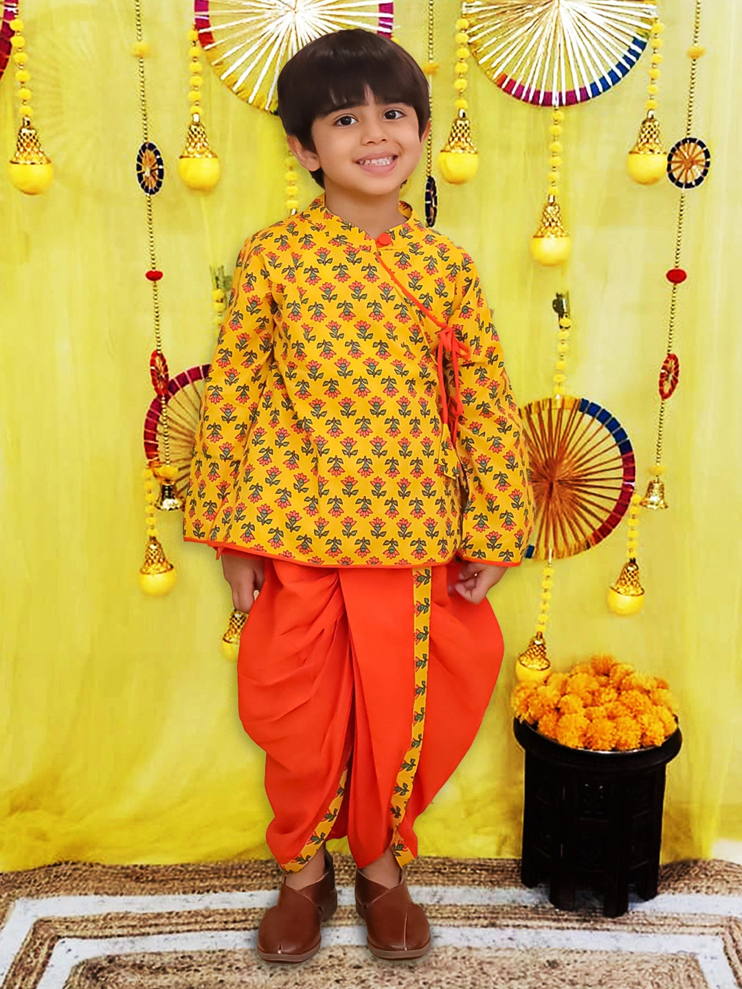 BownBee Pure Cotton Printed Angrakha Kurta Dhoti For Boys