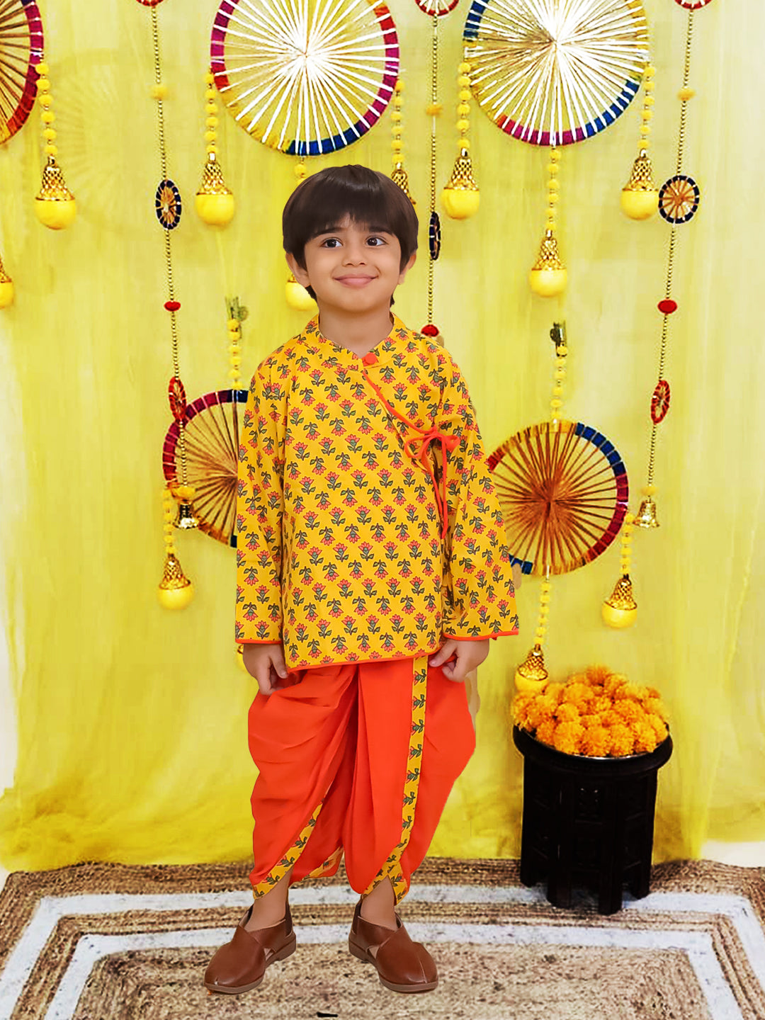 BownBee Pure Cotton Printed Angrakha Kurta Dhoti For Boys - Blue