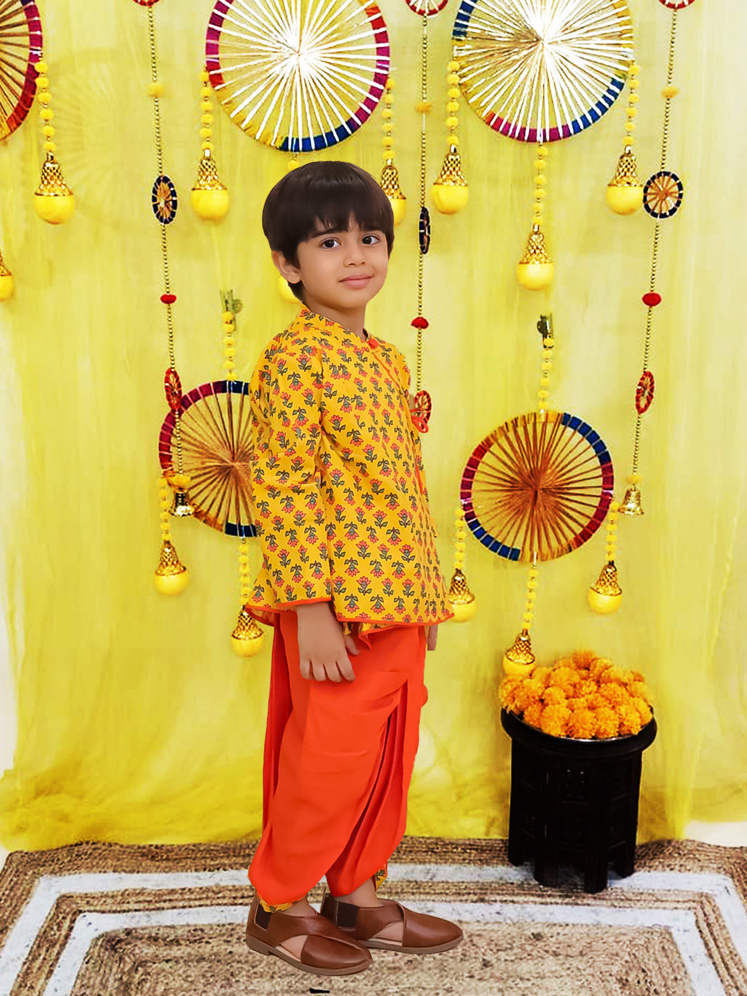 BownBee Pure Cotton Printed Angrakha Kurta Dhoti For Boys - Blue