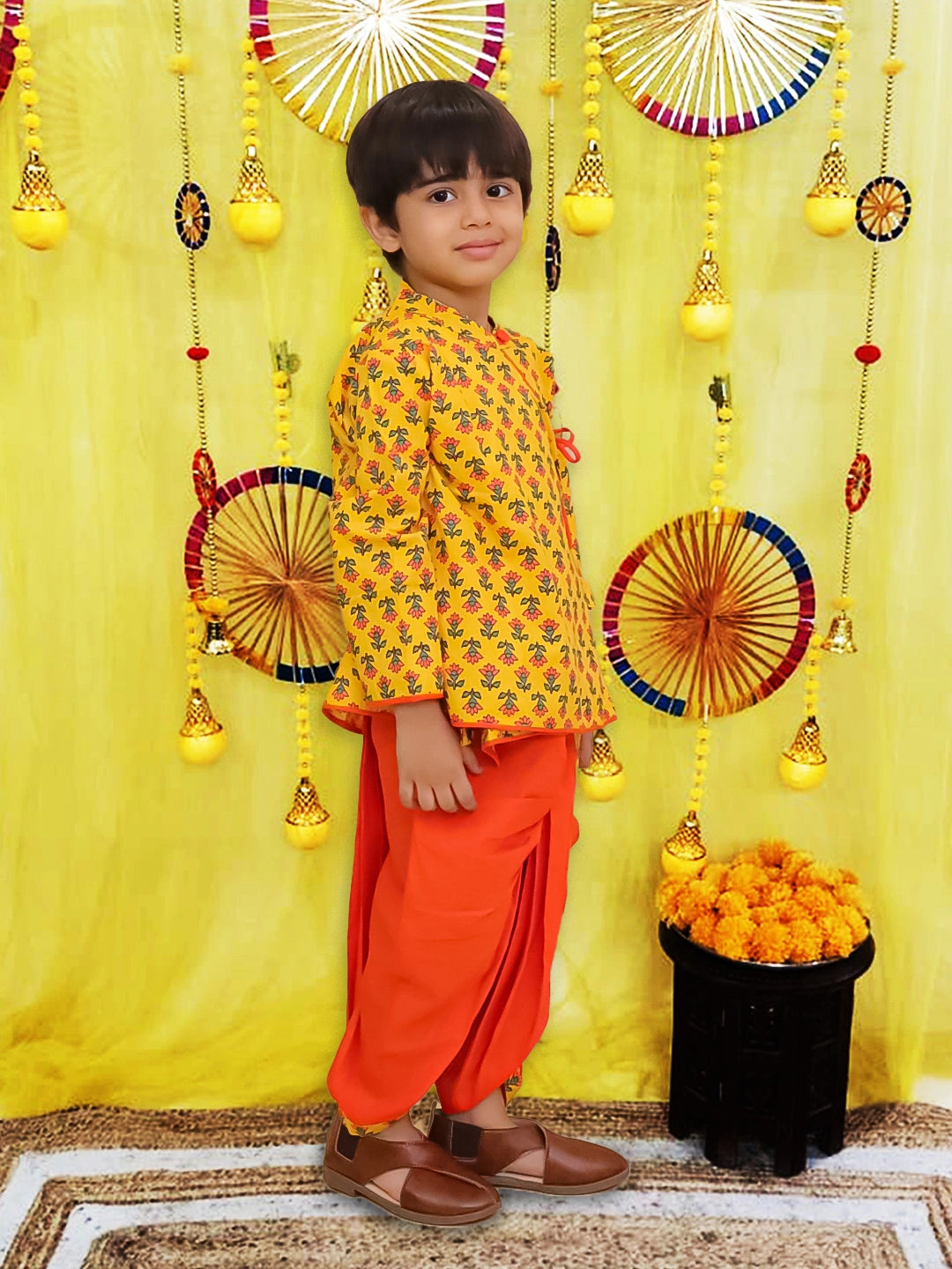 BownBee Pure Cotton Printed Angrakha Kurta Dhoti For Boys