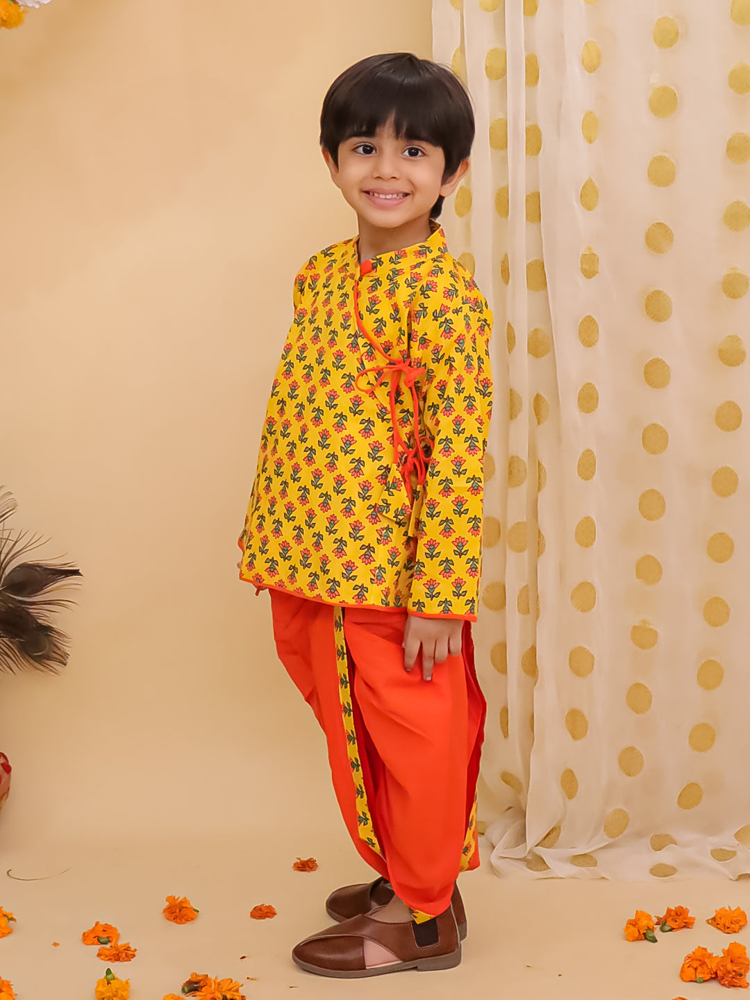 BownBee Pure Cotton Printed Angrakha Kurta Dhoti For Boys - Blue
