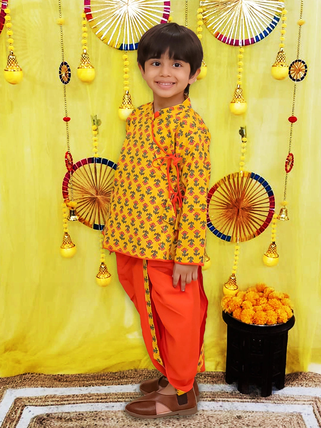 BownBee Pure Cotton Printed Angrakha Kurta Dhoti For Boys