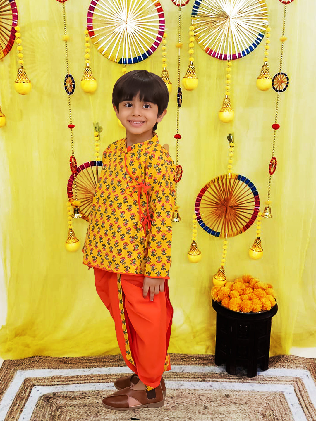 BownBee Pure Cotton Bandhni Kurti Dhoti & Dhoti Kurta Sibling Set - Yellow