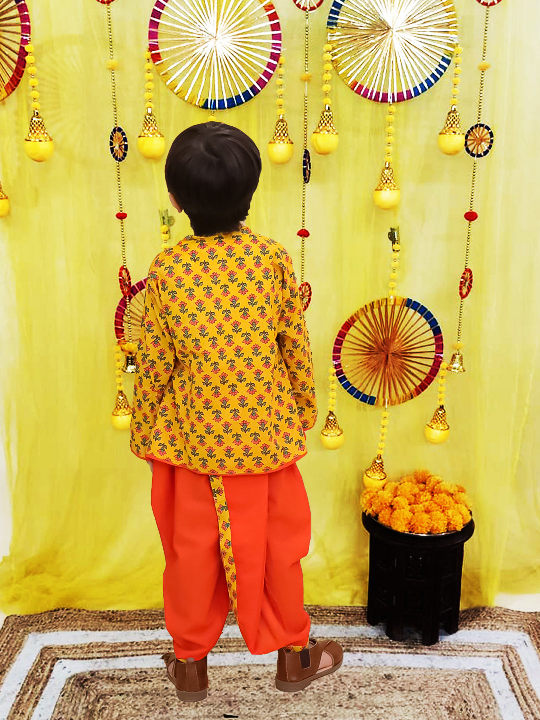 BownBee Pure Cotton Printed Angrakha Kurta Dhoti For Boys - Blue
