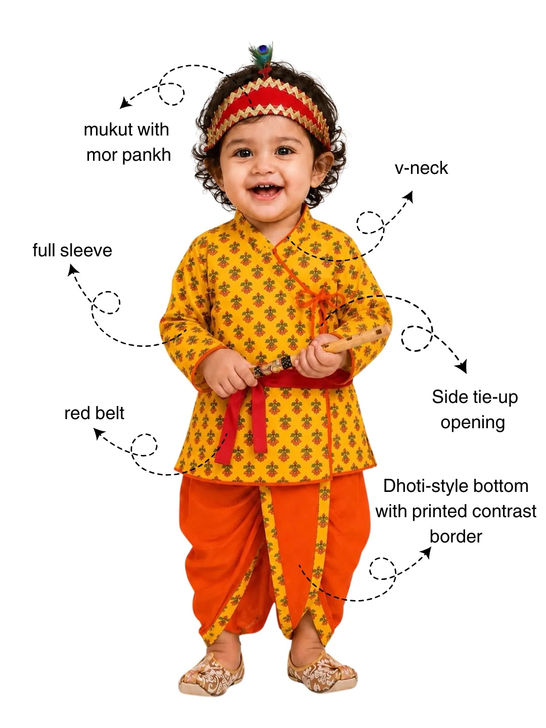 BownBee Pure Cotton Printed Angrakha Kurta & Dhoti With Bansuri , Mukut & Belt Set For Boys - Yellow