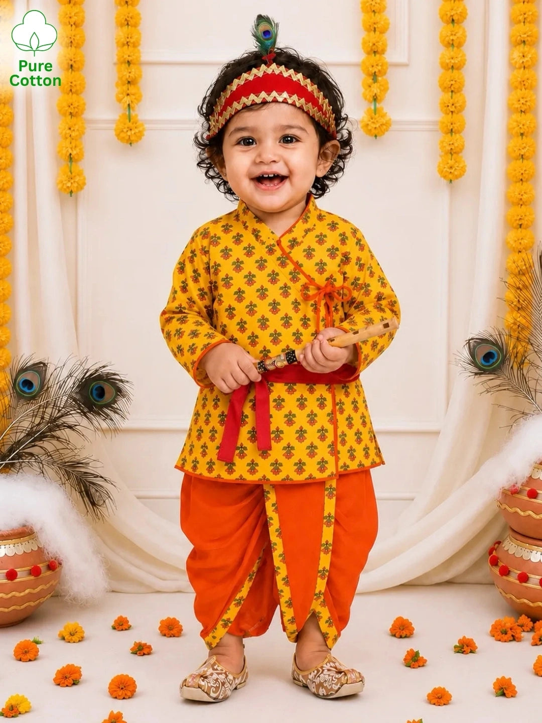 BownBee Pure Cotton Printed Angrakha Kurta & Dhoti With Bansuri , Mukut & Belt Set For Boys - Yellow
