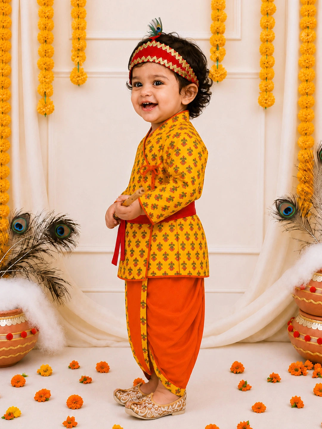 BownBee Pure Cotton Printed Angrakha Kurta & Dhoti With Bansuri , Mukut & Belt Set For Boys - Yellow