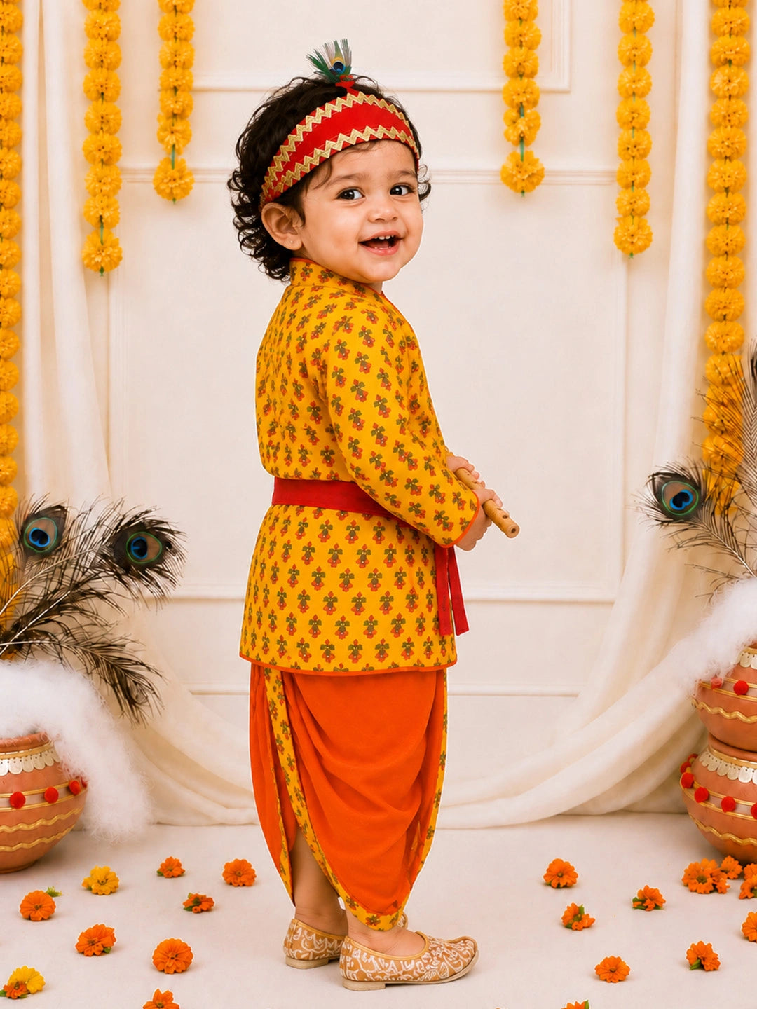 BownBee Pure Cotton Printed Angrakha Kurta & Dhoti With Bansuri , Mukut & Belt Set For Boys - Yellow