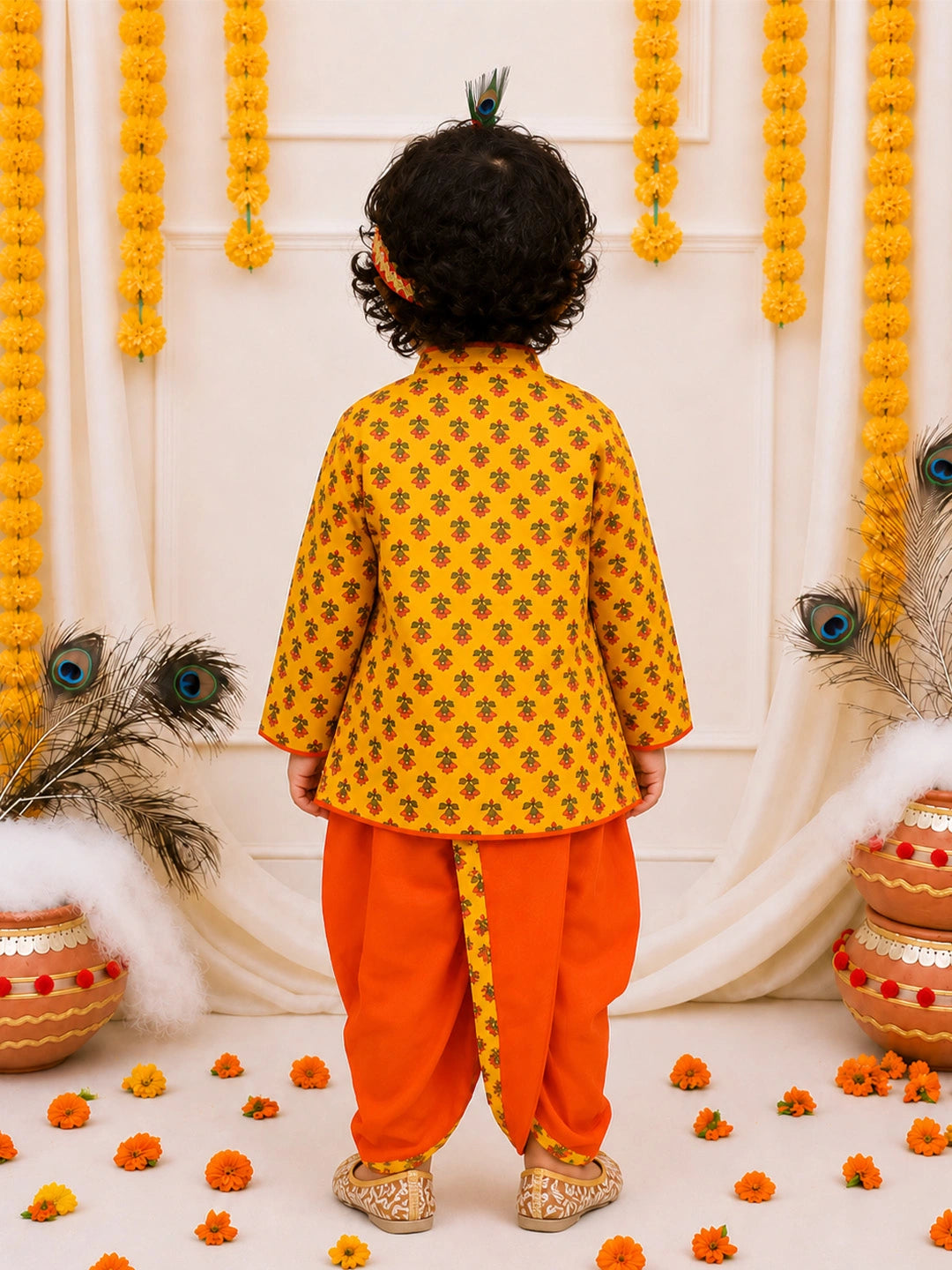 BownBee Pure Cotton Printed Angrakha Kurta & Dhoti With Bansuri , Mukut & Belt Set For Boys - Yellow