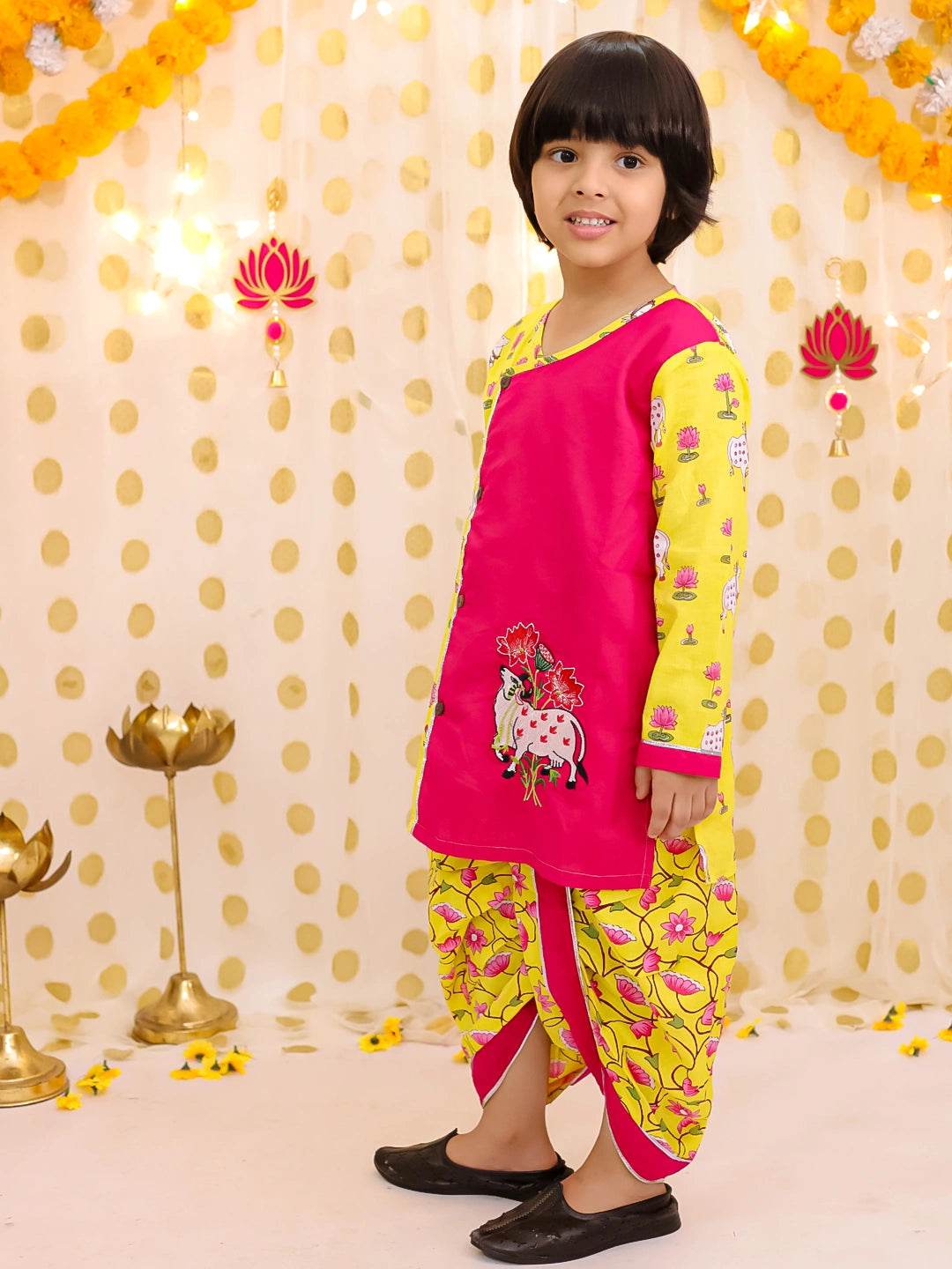 BownBee Pure Cotton Embroidered Kurti Dhoti With Dhoti Kurta Sibling Set