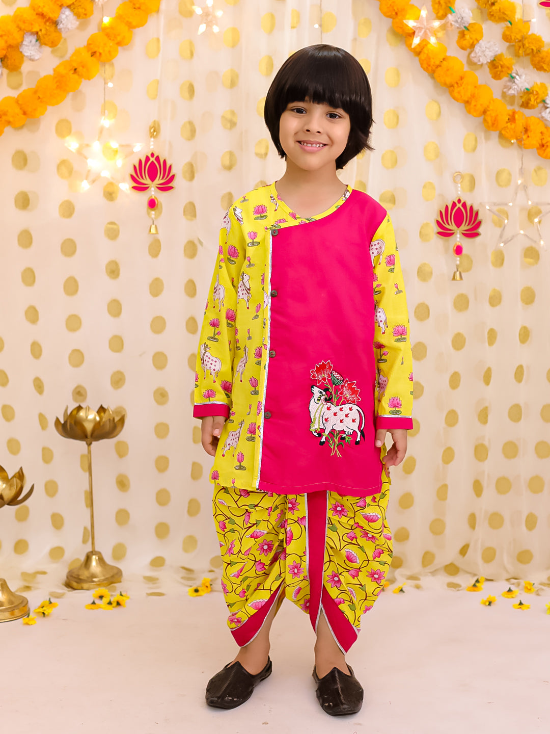 BownBee Pure Cotton Embroidered Dhoti Kurta Set For Boys- Pink