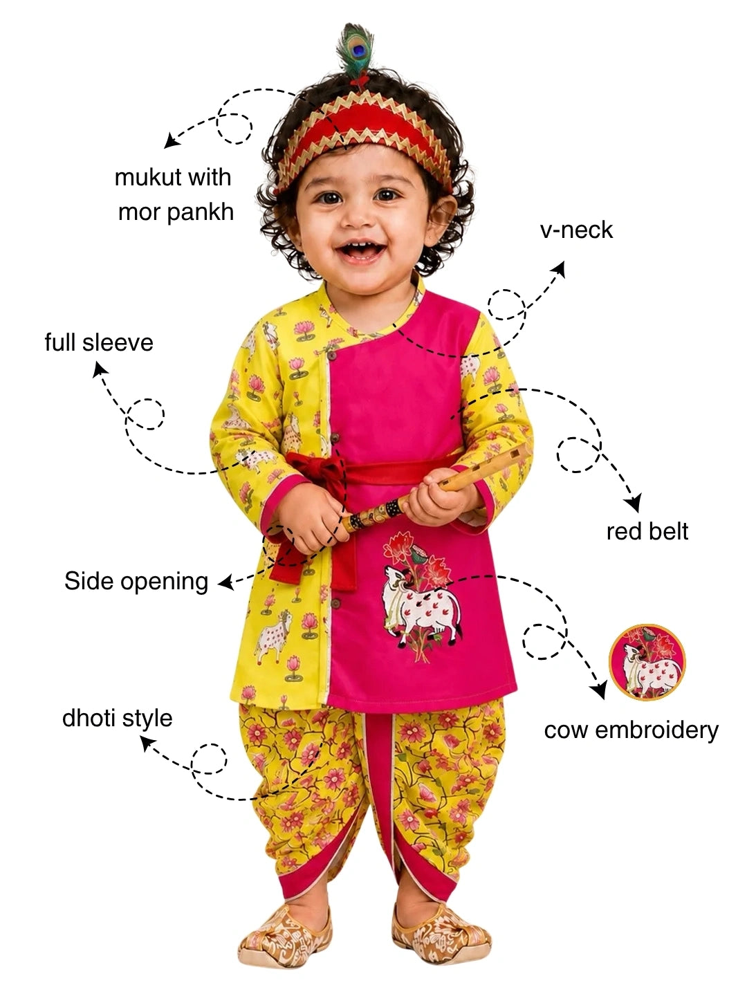 BownBee Pure Cotton Embroidered Dhoti Kurta With Bansuri , Mukut & Belt Set For Boys