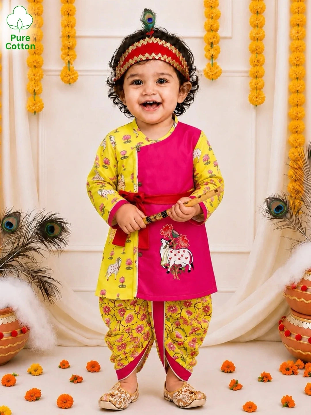 BownBee Pure Cotton Embroidered Dhoti Kurta With Bansuri , Mukut & Belt Set For Boys