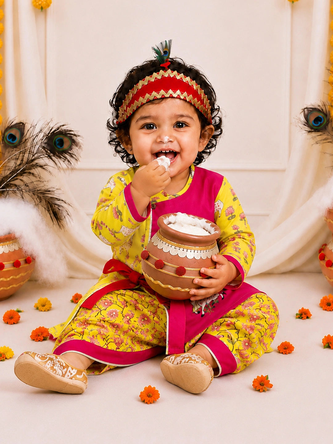 BownBee Pure Cotton Embroidered Dhoti Kurta With Bansuri , Mukut & Belt Set For Boys