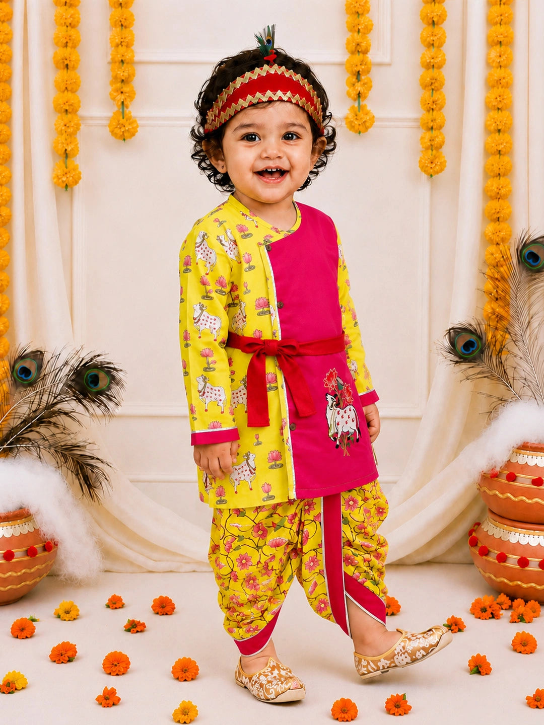 BownBee Pure Cotton Embroidered Dhoti Kurta With Bansuri , Mukut & Belt Set For Boys