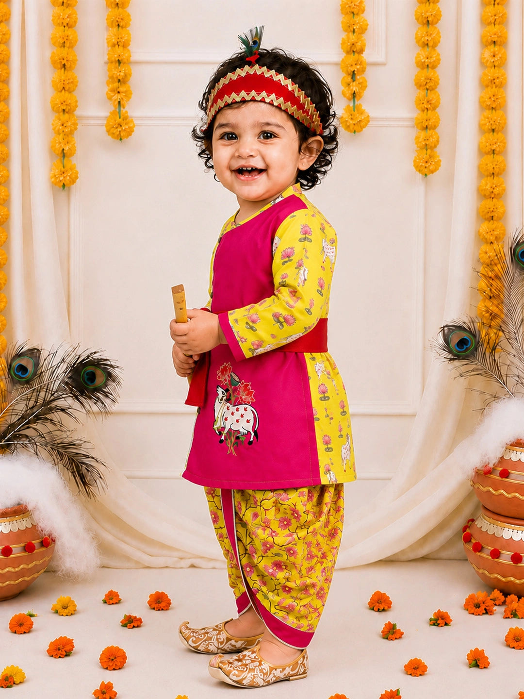 BownBee Pure Cotton Embroidered Dhoti Kurta With Bansuri , Mukut & Belt Set For Boys