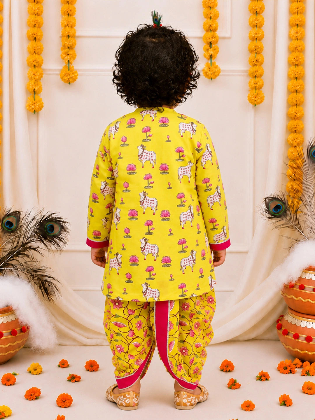 BownBee Pure Cotton Embroidered Dhoti Kurta With Bansuri , Mukut & Belt Set For Boys