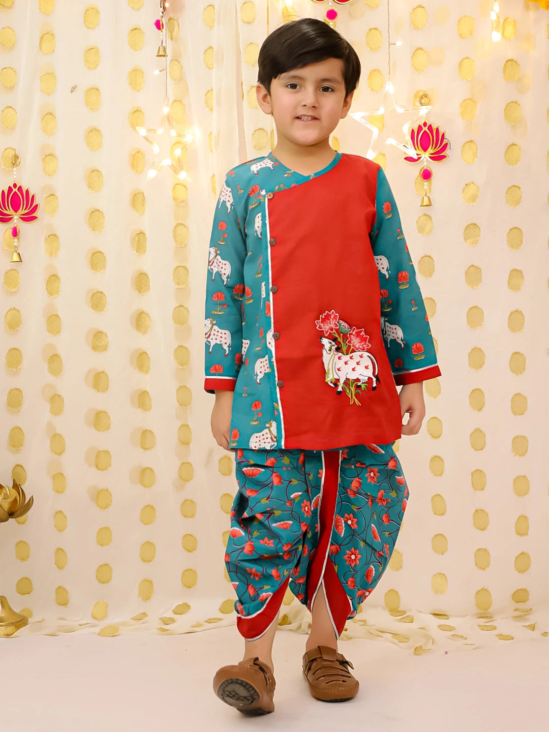BownBee Pure Cotton Embroidered Dhoti Kurta Set For Boys