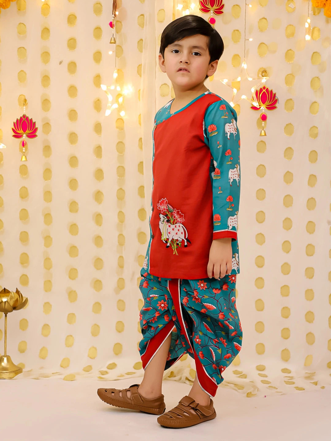 BownBee Pure Cotton Embroidered Dhoti Kurta Set For Boys