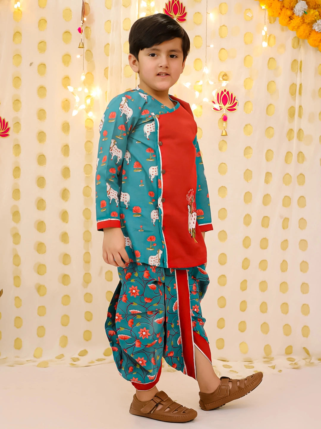BownBee Pure Cotton Embroidered Dhoti Kurta Set For Boys