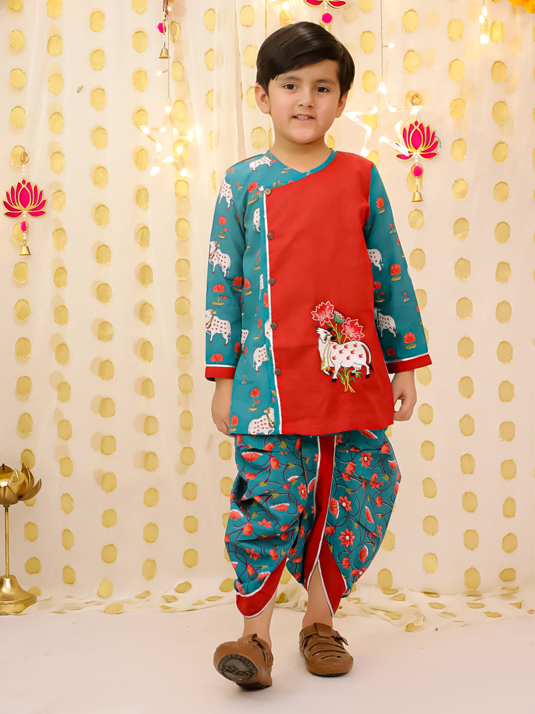 BownBee Pure Cotton Embroidered Kurti Dhoti With Dhoti Kurta Sibling Set - Pink