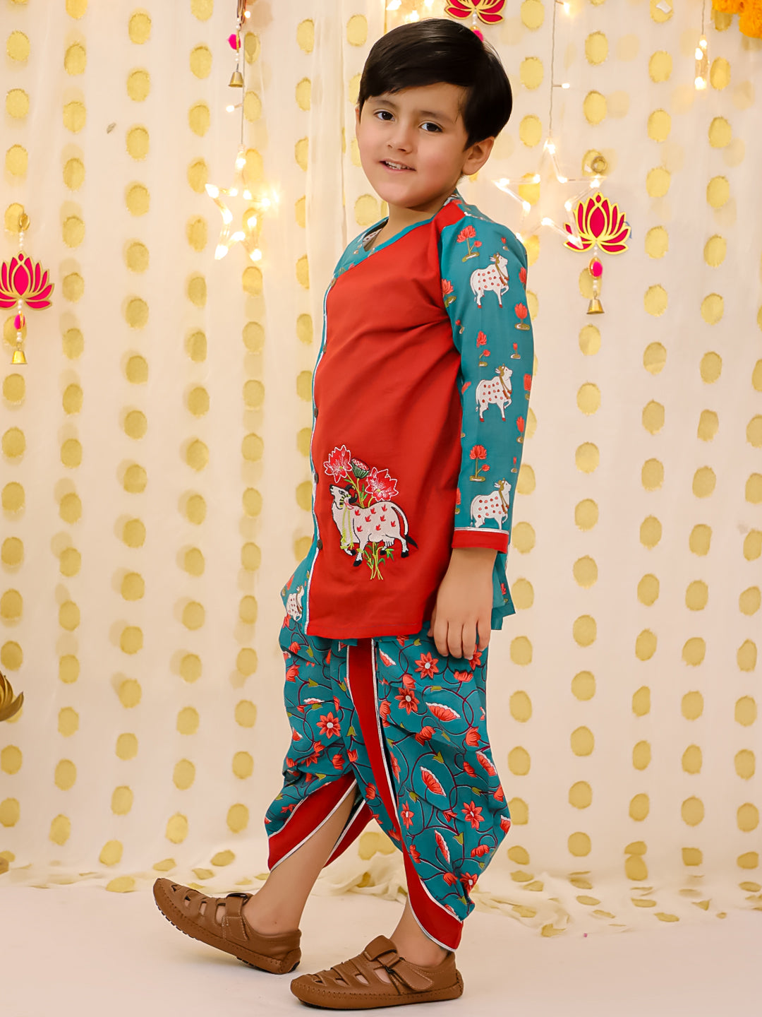 BownBee Pure Cotton Embroidered Kurti Dhoti With Dhoti Kurta Sibling Set - Pink
