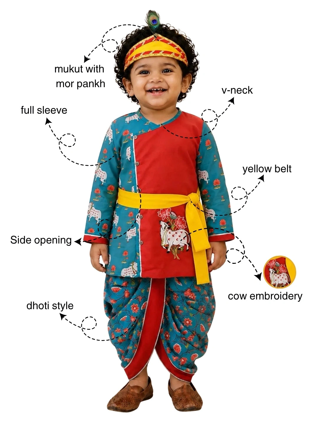 BownBee Pure Cotton Embroidered Dhoti Kurta With Bansuri , Mukut & Belt Set For Boys
