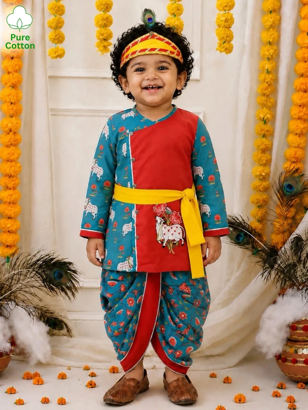 BownBee Pure Cotton Embroidered Dhoti Kurta With Bansuri , Mukut & Belt Set For Boys
