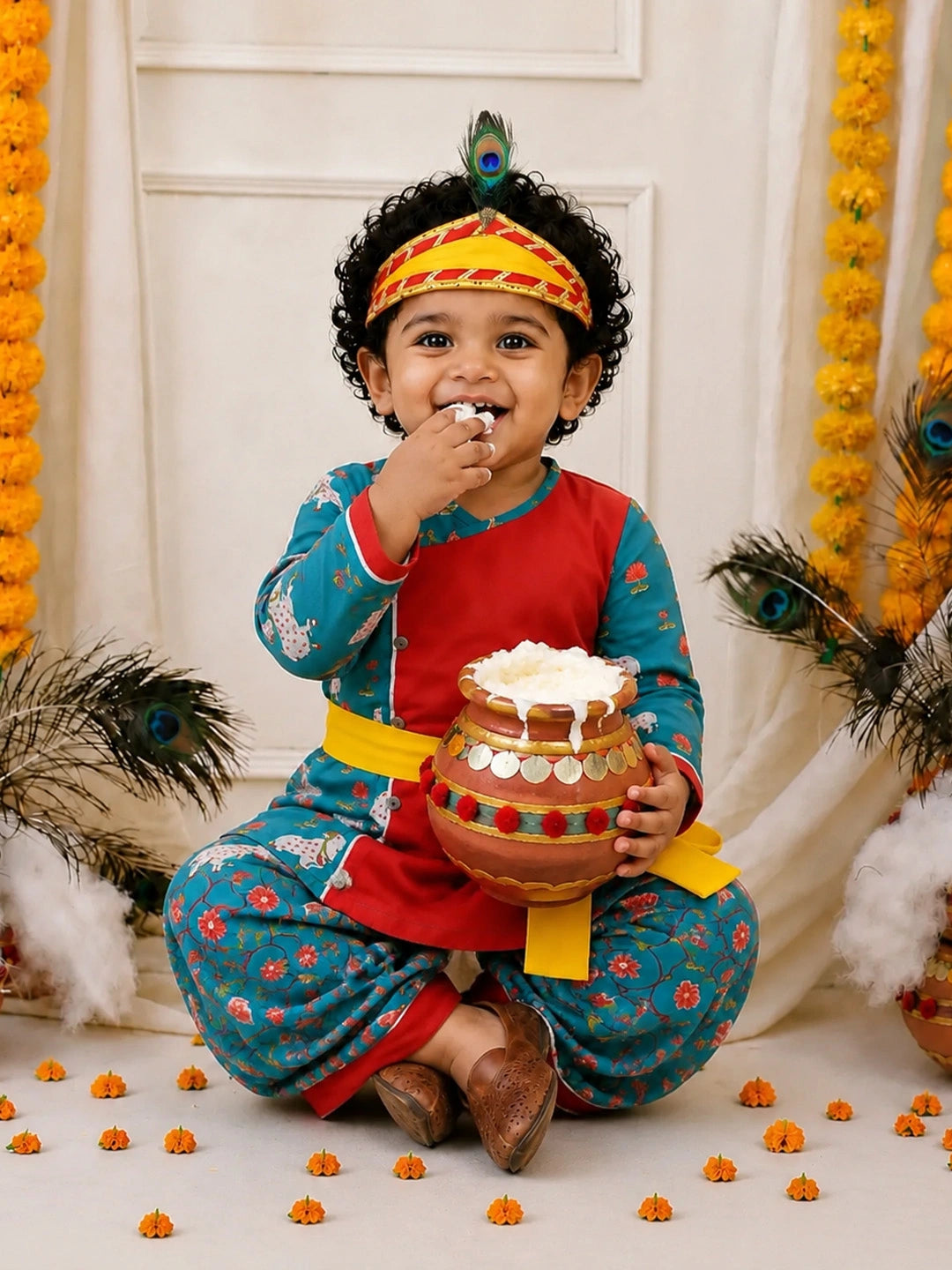 BownBee Pure Cotton Embroidered Dhoti Kurta With Bansuri , Mukut & Belt Set For Boys